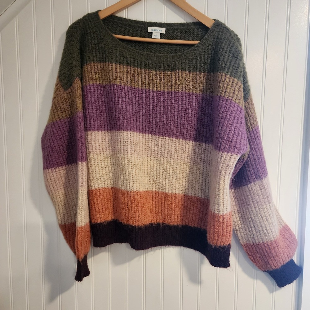 Sundance Womens Large Striped Sweater Cozy Goblin Granola Rainbow Mohair Blend
